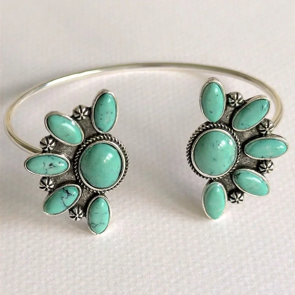 Men’s Cuff Bracelet – Turquoise Cluster – Silver Tone Western Style